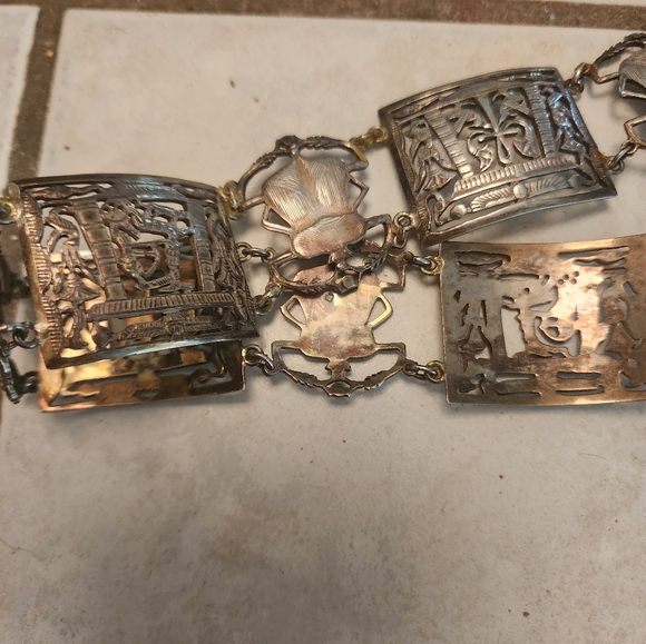 1920\'s Art Deco 800 Silver Egyptian Revival Scarab Beetle Panel Belt 170 Grams
